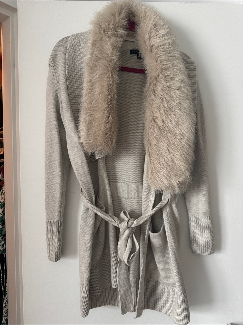 Banana Republic Beige Wrap Cardigan with Faux-Fur Collar